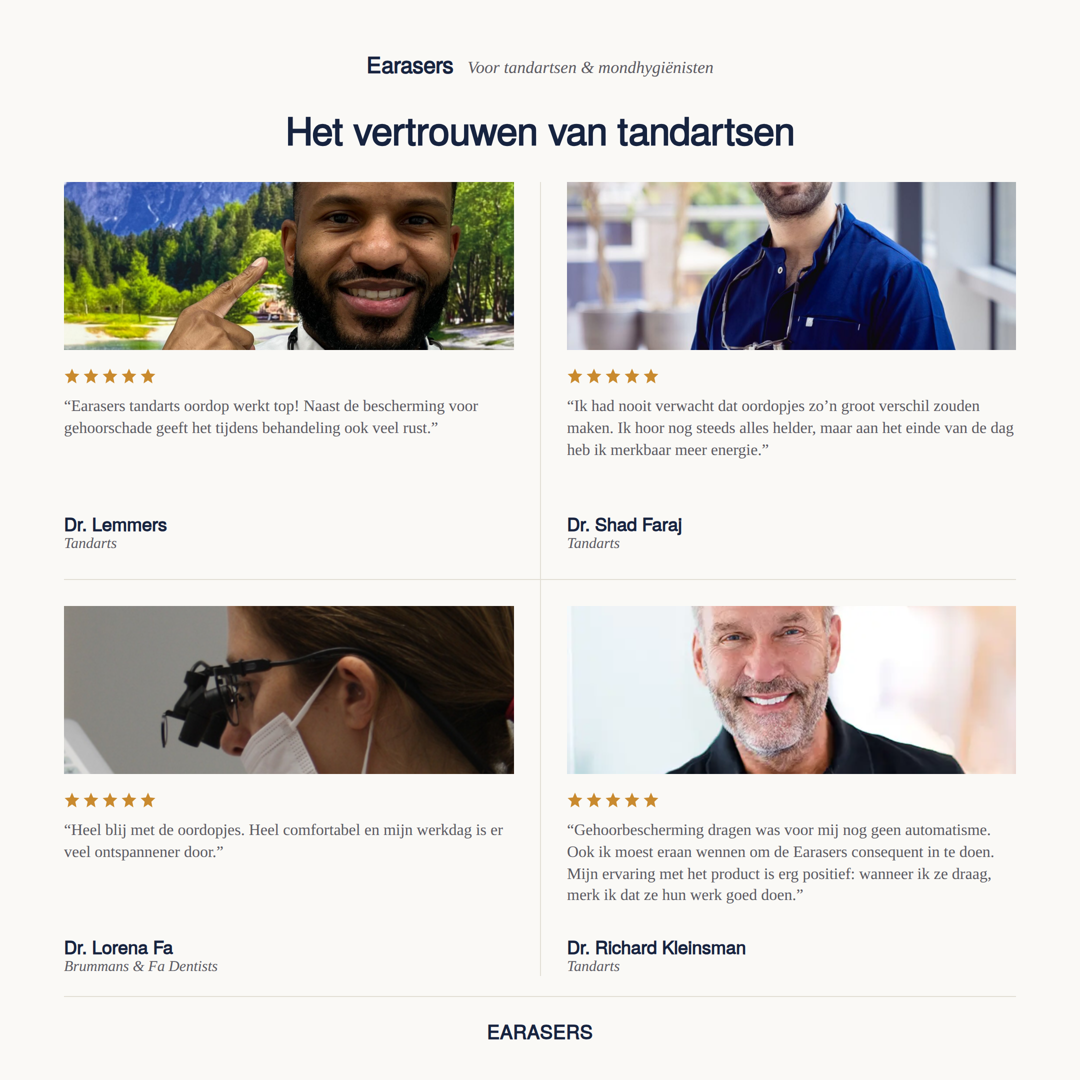Vier 5-sterrenreviews van tandartsen over het comfort en de gehoorbescherming van Earasers tijdens behandelingen.