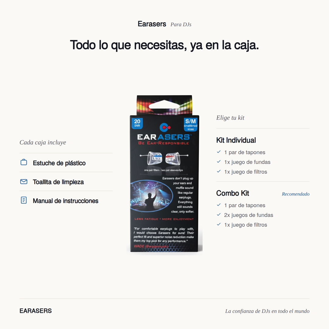 Caja edición DJ de Earasers con su contenido (estuche de plástico, toallita de limpieza, manual de instrucciones) y una comparación entre el Kit Individual y el Combo Kit recomendado.