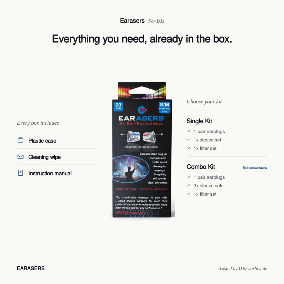 Earasers DJ edition box with contents list (plastic case, cleaning wipe, instruction manual) and a comparison of the Single Kit versus the recommended Combo Kit.