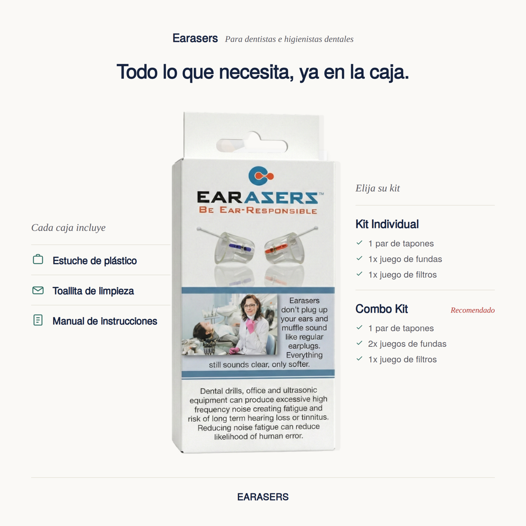 Caja de tapones dentales Earasers con su contenido (estuche de plástico, toallita de limpieza, manual de instrucciones) y una comparación entre el Kit Individual y el Combo Kit recomendado