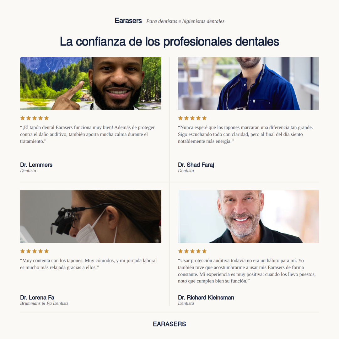 Cuatro reseñas de 5 estrellas de dentistas sobre la comodidad y la protección auditiva de Earasers durante los tratamientos.