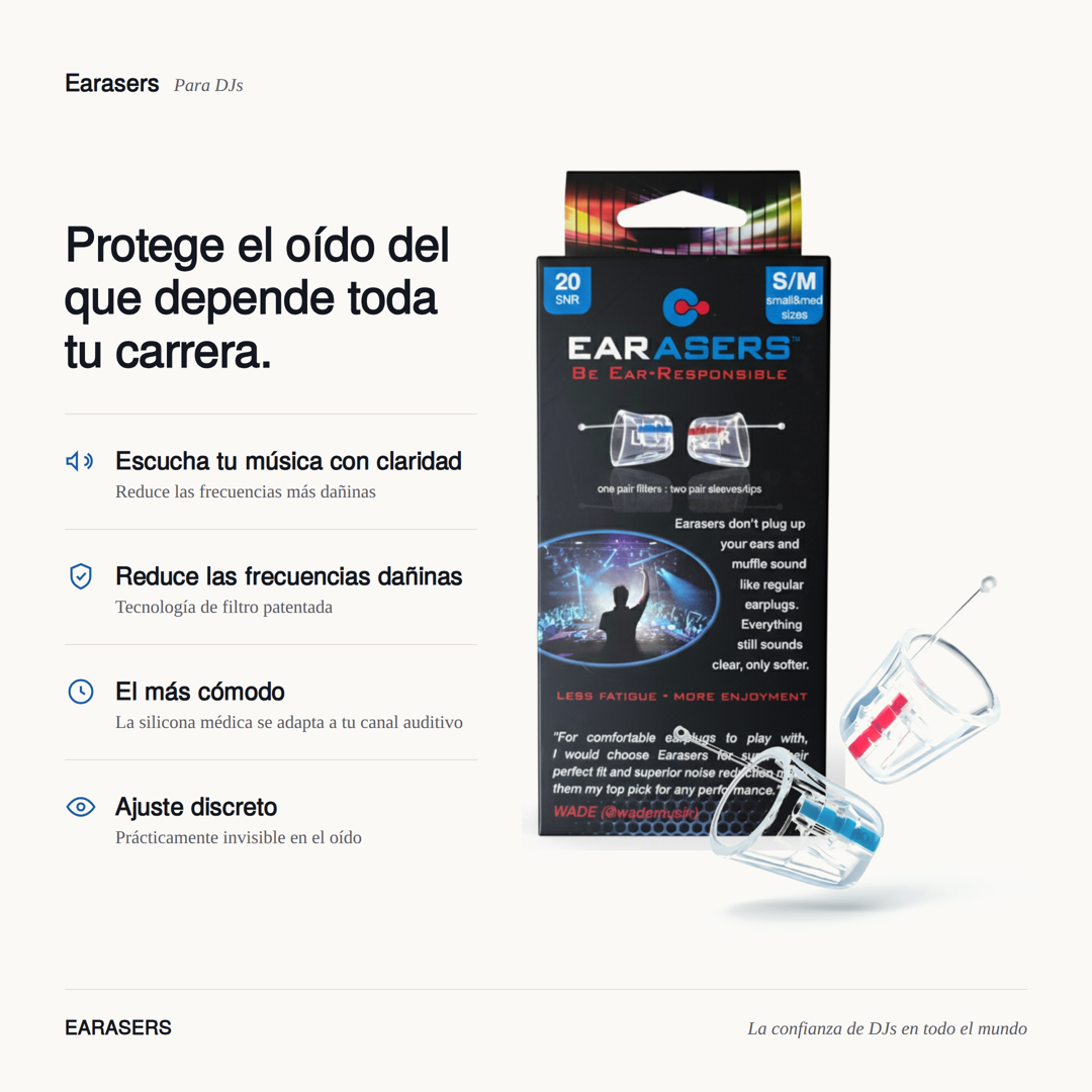 Tapones Earasers para DJs, caja y tapones mostrados juntos, con el titular "Protege el oído del que depende toda tu carrera" y cuatro beneficios: escucha tu música con claridad, reduce las frecuencias dañinas, el más cómodo, ajuste discreto.
