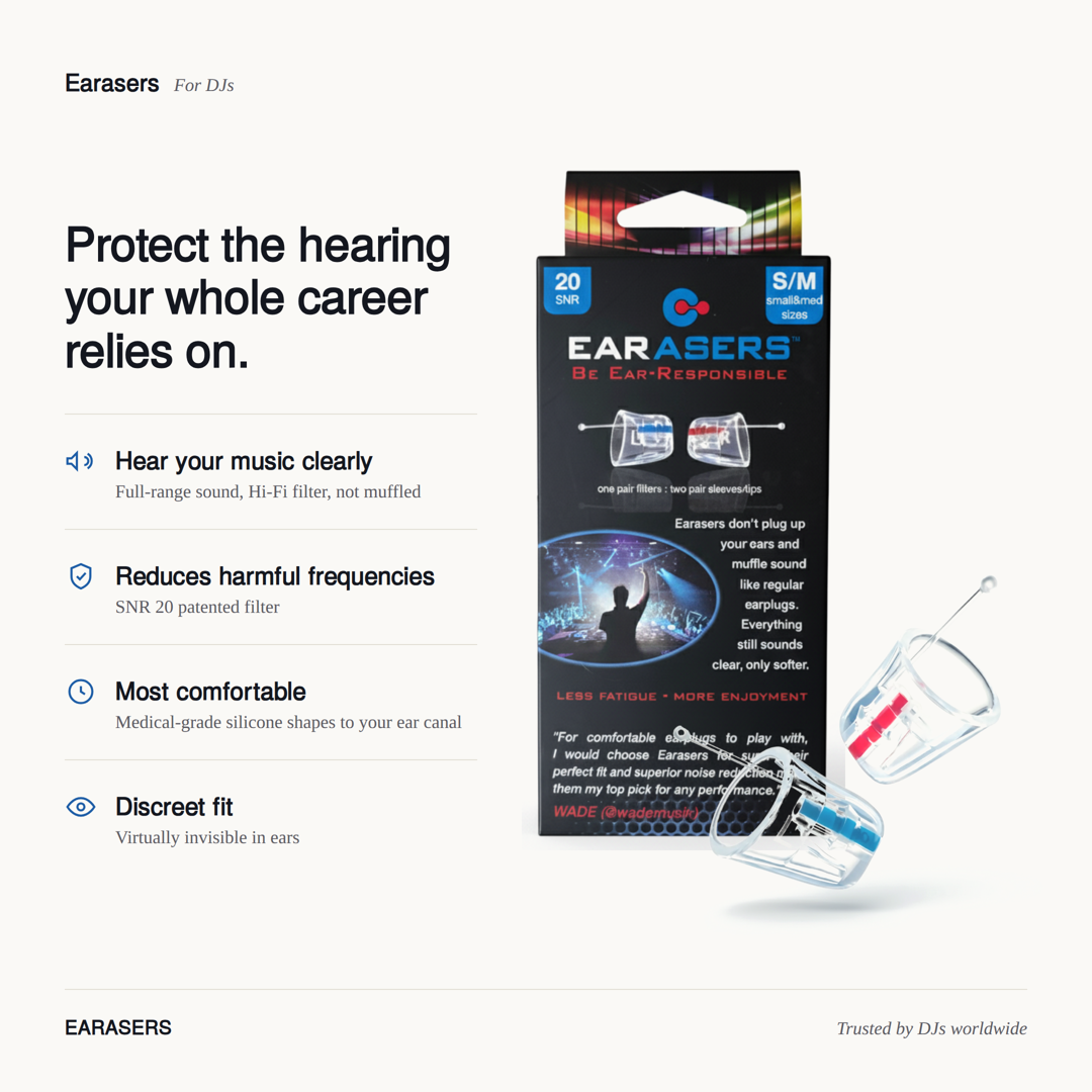 Earasers earplugs for DJs, box and earplugs shown together, with headline "Protect the hearing your whole career relies on" and four benefits: hear your music clearly, reduces harmful frequencies, most comfortable, discreet fit.