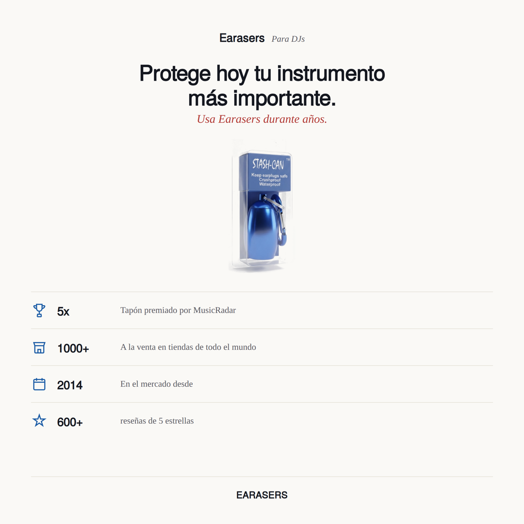 Estuche metálico de transporte Earasers con el titular "Protege hoy tu instrumento más importante. Usa Earasers durante años," con cifras de confianza: 5 premios, más de 1000 tiendas en el mundo, en el mercado desde 2014, más de 600 reseñas de 5 estrellas.