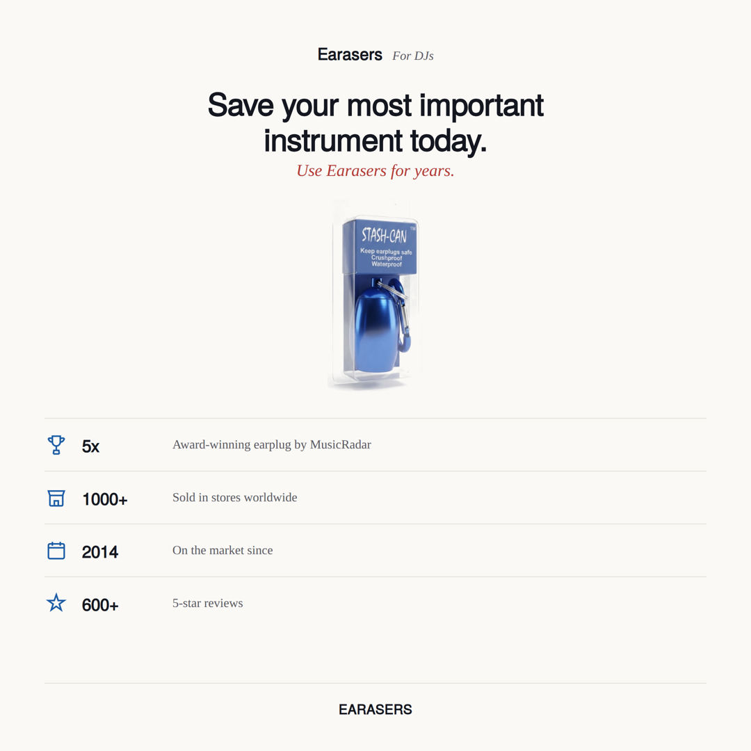 Earasers metal carrying case with the headline "Save your most important instrument today. Use Earasers for years," and trust stats: 5x award-winning, 1000+ stores worldwide, on the market since 2014, 600+ 5-star reviews.